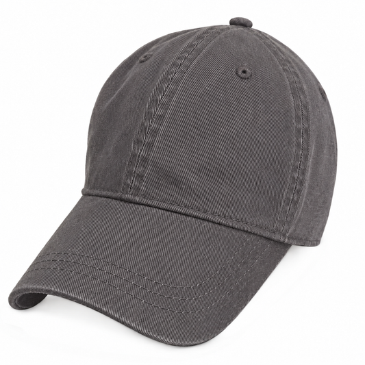A dark gray washed cotton baseball cap with a curved brim, photographed on a clean white background.