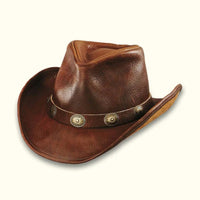 Brown Leather Cowboy Hat With Leather Buckle Trim top view