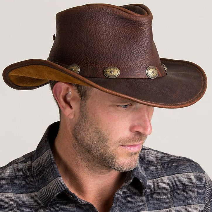 Brown Leather Cowboy Hat With Leather Buckle Trim model view