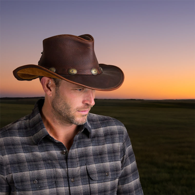 Brown Leather Cowboy Hat With Leather Buckle Trim