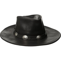 Black Leather Cowboy Hat With Leather Buckle Trim front view