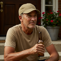 Man on his stoop wearing Khaki-Weathered-Baseball-Cap and enjoing a cold beer