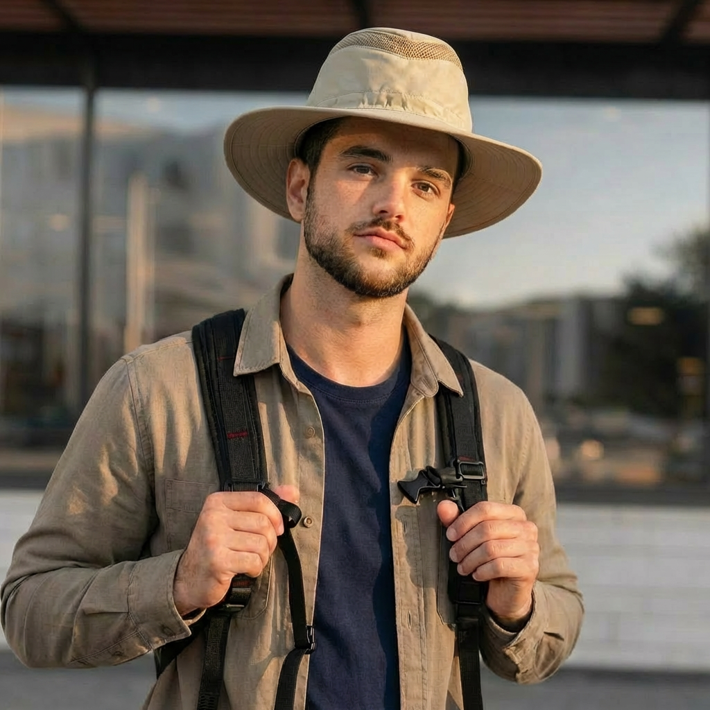 Man wearing a wide-brimmed hat, promoting Brimmed Hats collection.
