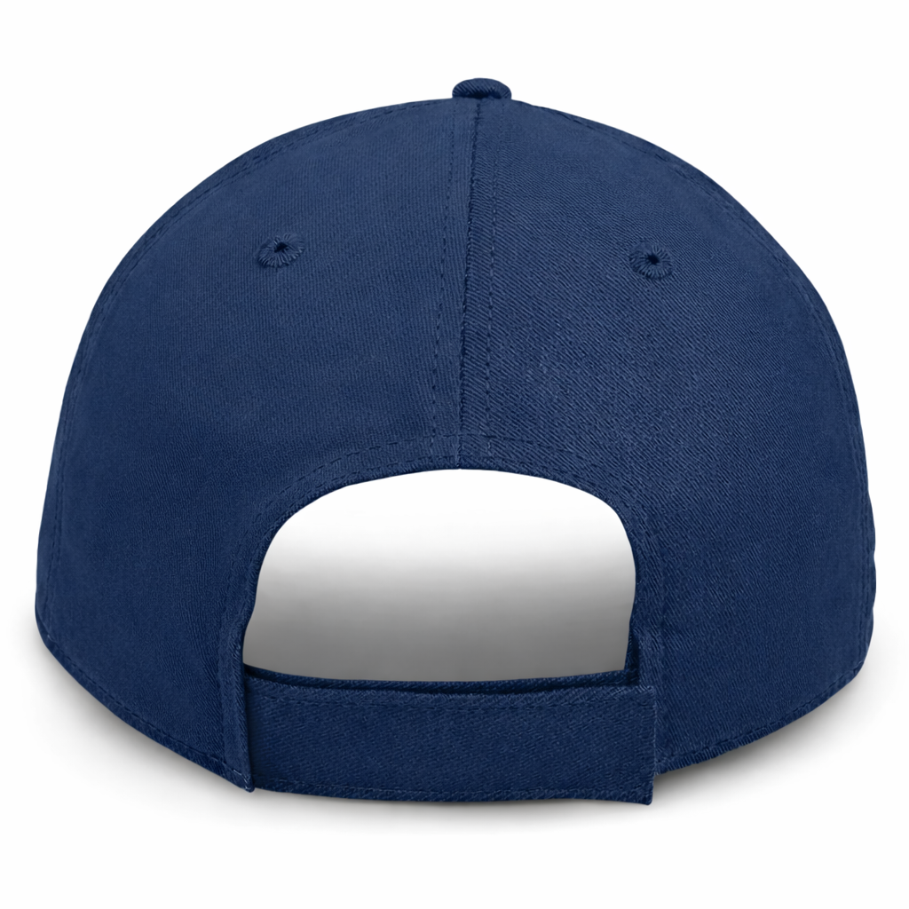 rear view of a navy blue structured   baseball cap with adjustable velcro strap for big heads in size 3XL