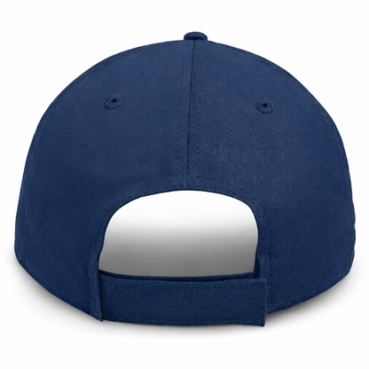 rear view of a navy blue structured   baseball cap with adjustable velcro strap for big heads in size 3XL