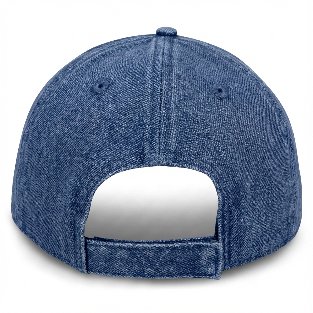 SC Headwear baseball cap, navy blue weathered denim with extra crown depth and adjustable velcro strap, rear view on white background