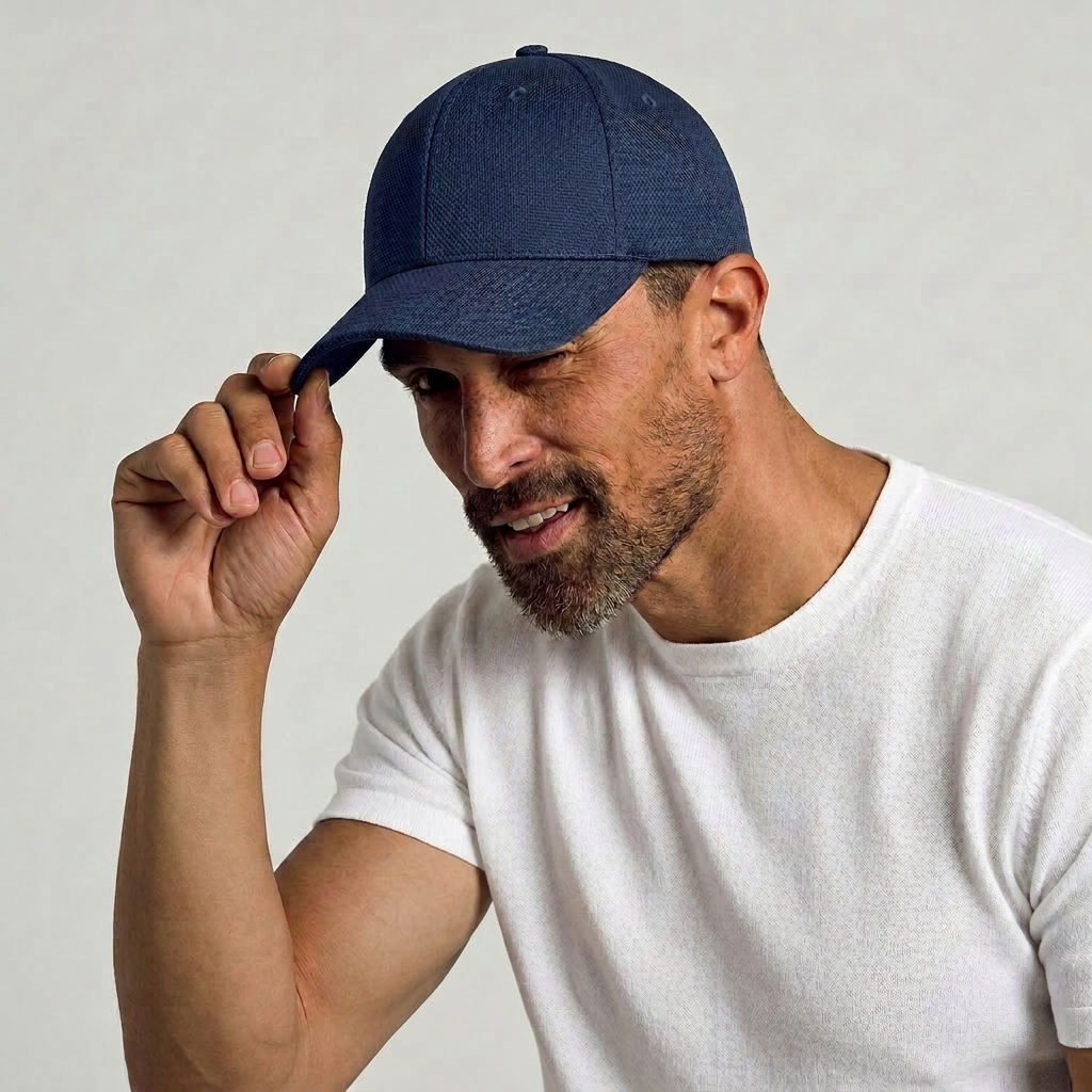 Flexfit baseball cap, navy blue stretch wicking fabric with longer visor and deep crown, worn by rugged looking man in white t-shirt.