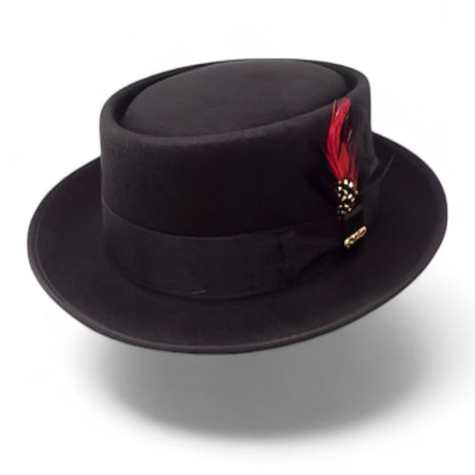 BigHatStore Classic Porkpie Hat, wool felt, black with red feather accent, top left view on white background