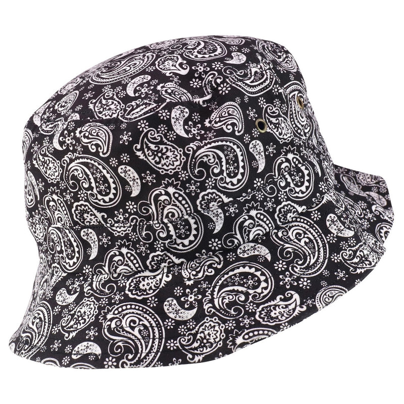 Bandana Print Bucket Hat - Black & White Paisley front view