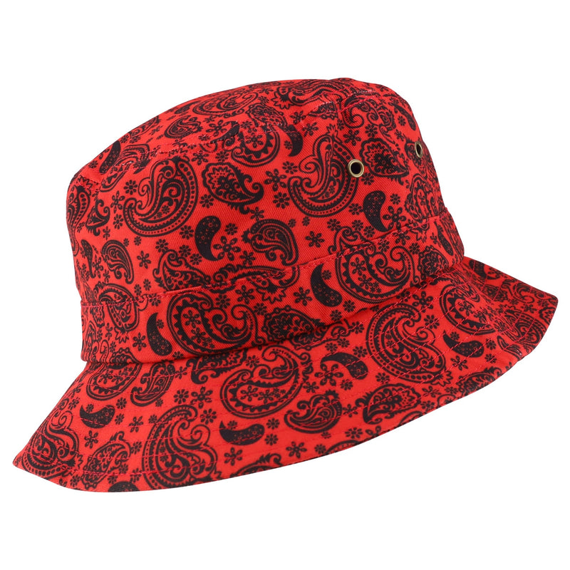 Bandana Print Bucket Hat - Black & Red Paisley front view