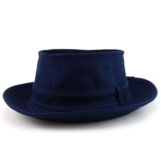 front view of the navy blue Roll Up Bucket Hat.  Stylish and comfortable fits for larger heads.