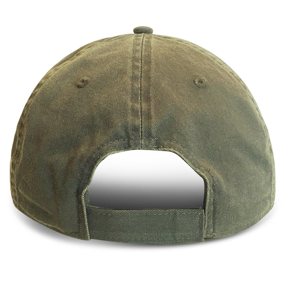 Raar view of Safari Green Weathered Baseball cap front viewfeaturing adjustable strap for a custom fit on larger heads.