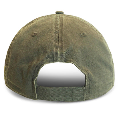 Raar view of Safari Green Weathered Baseball cap front viewfeaturing adjustable strap for a custom fit on larger heads.