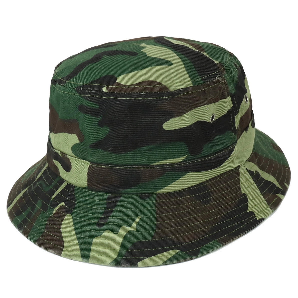 front view of camo cotton bucket hat for big heads, oversized 2XL-3XL fit with short brim and vented crown.