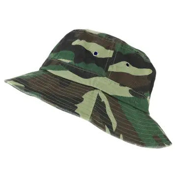 Side view of oversized camo cotton bucket hat for big heads in size 2XL-3XL, with a short 2.3-inch brim, fitted inner band, and crown air vents