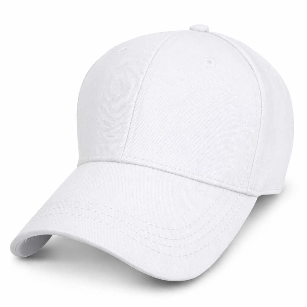 front left view of our 100% cotton  white structured baseball cap for big heads in size 3XL 4XL