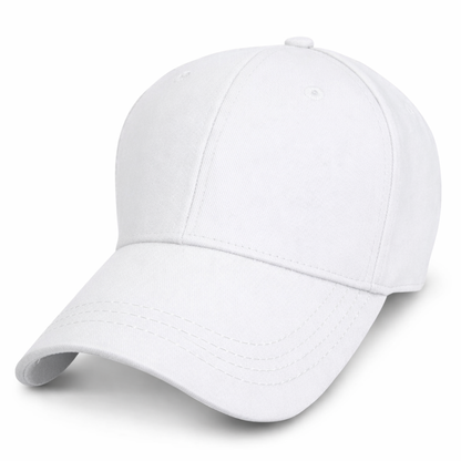 front left view of our 100% cotton  white structured baseball cap for big heads in size 3XL 4XL
