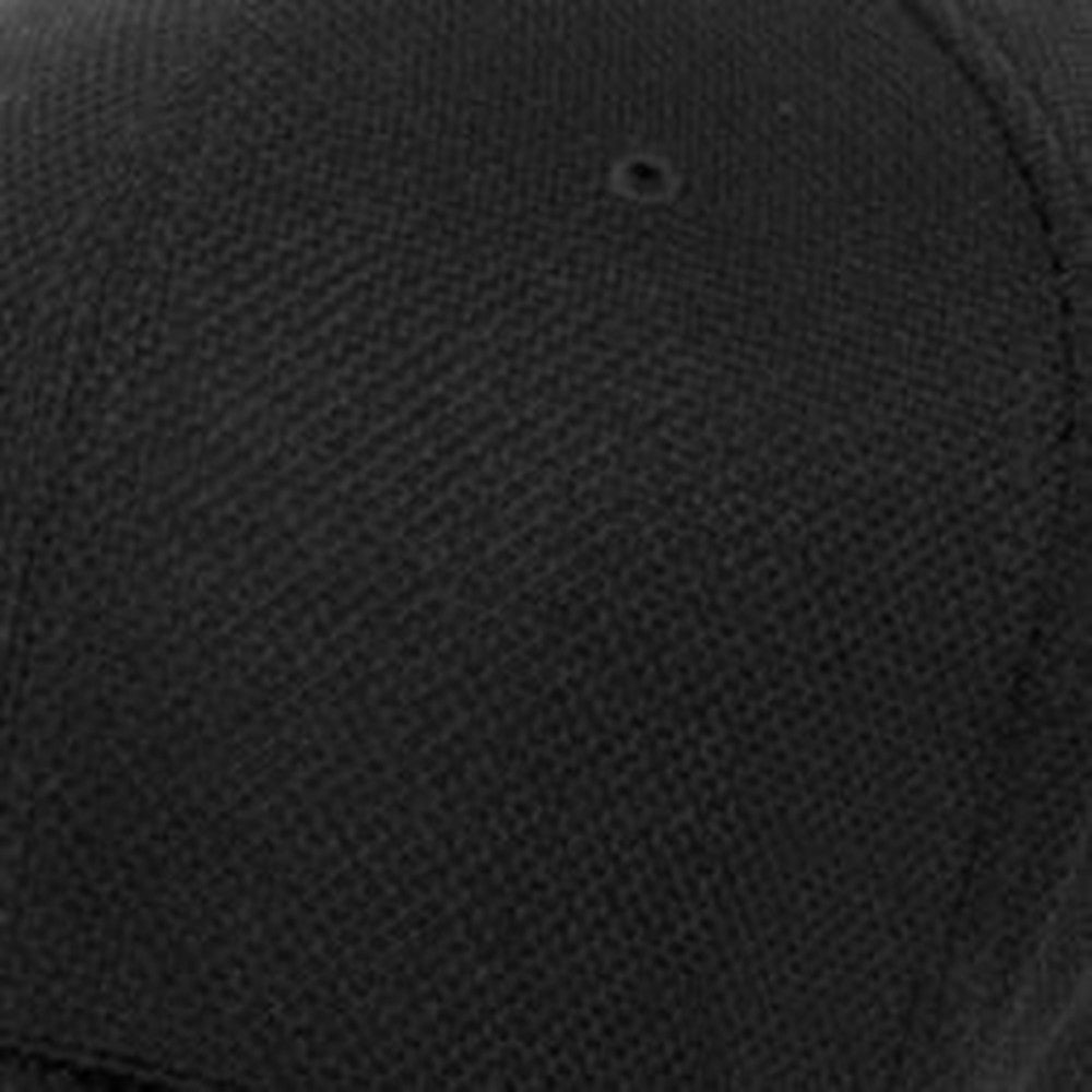Flexfit baseball cap, black stretch wicking fabric with extra deep crown, fabric closeup view.