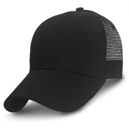 Big Hat Store Structured Trucker Hats for Big Heads, black cotton and mesh with extra deep crown and longer visor, left front view on white background