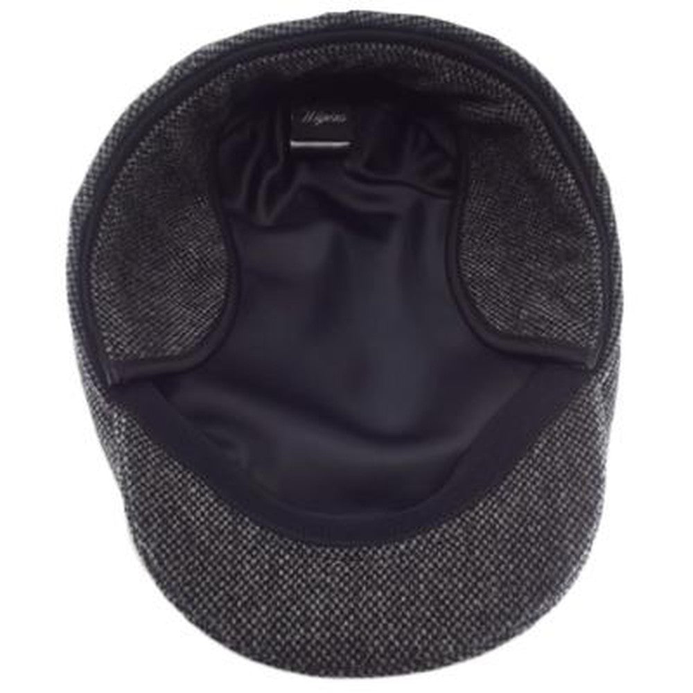 Black Wool Herringbone Large Hats with ear flaps, fits cap Sizes 3XL and 4XL, underside view