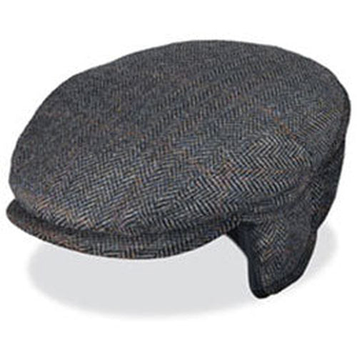 Black Wool Herringbone Large Hats with ear flaps, fits cap Sizes 3XL and 4XL