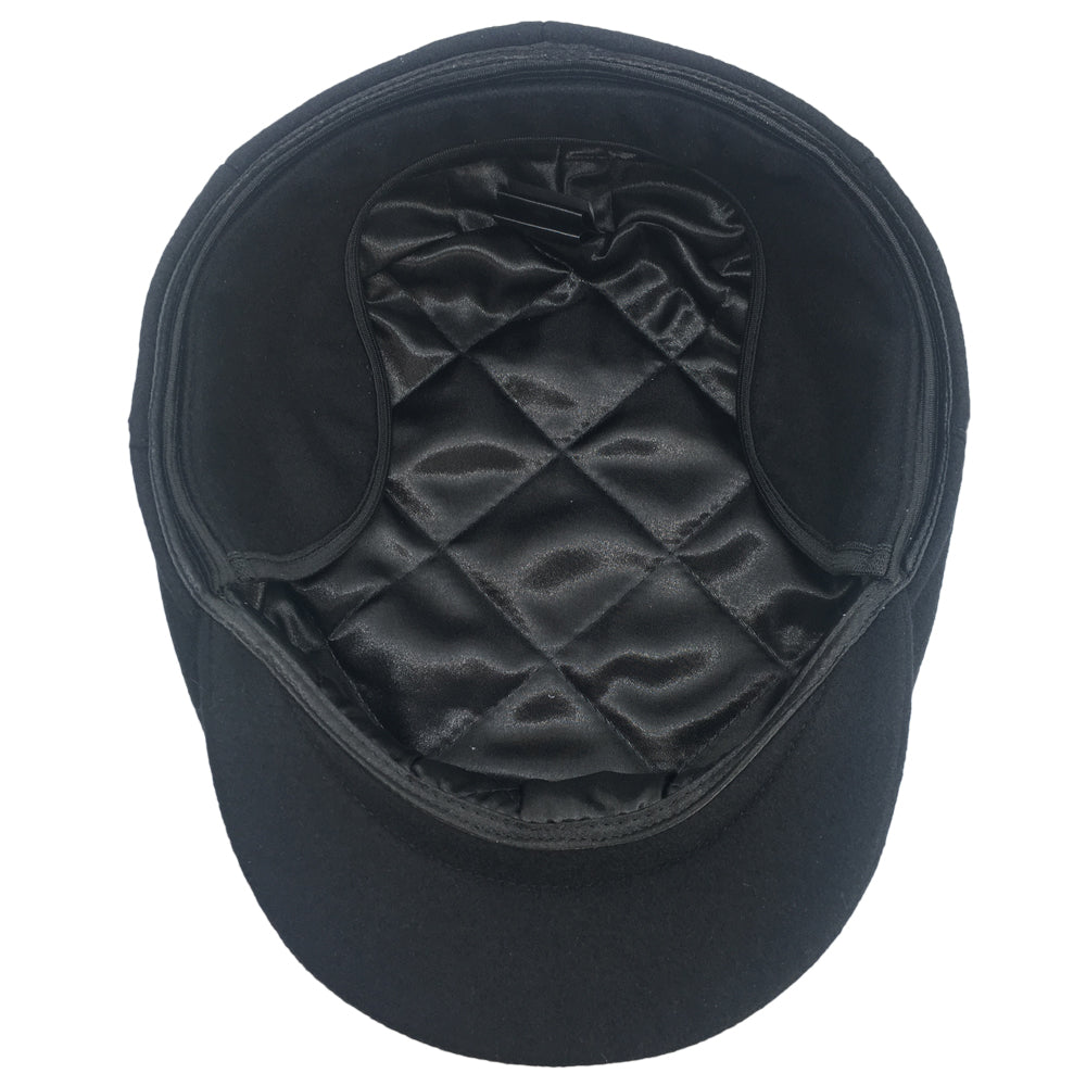 Black Soft Wool Large Hats with ear flaps, fits driving cap Sizes 3XL and 4XL, inside view