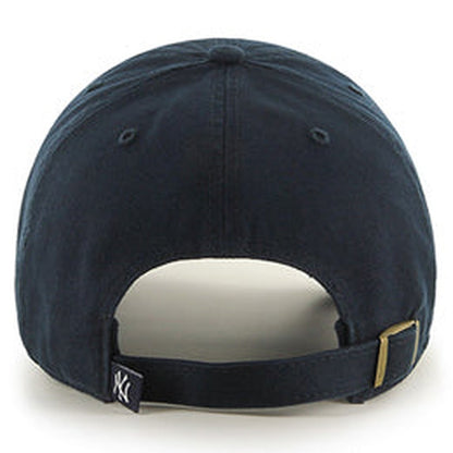 rear view of a midnight blue unstructured New York Yankees baseball cap for big heads in size 3XL/4XL with adjustable fabric strap for a comfortable fit