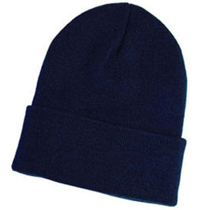 Panda Headwear, Knit Beanie for extra large heads, Stretch acrylic, Navy Blue, extra crown depth, left side on white background