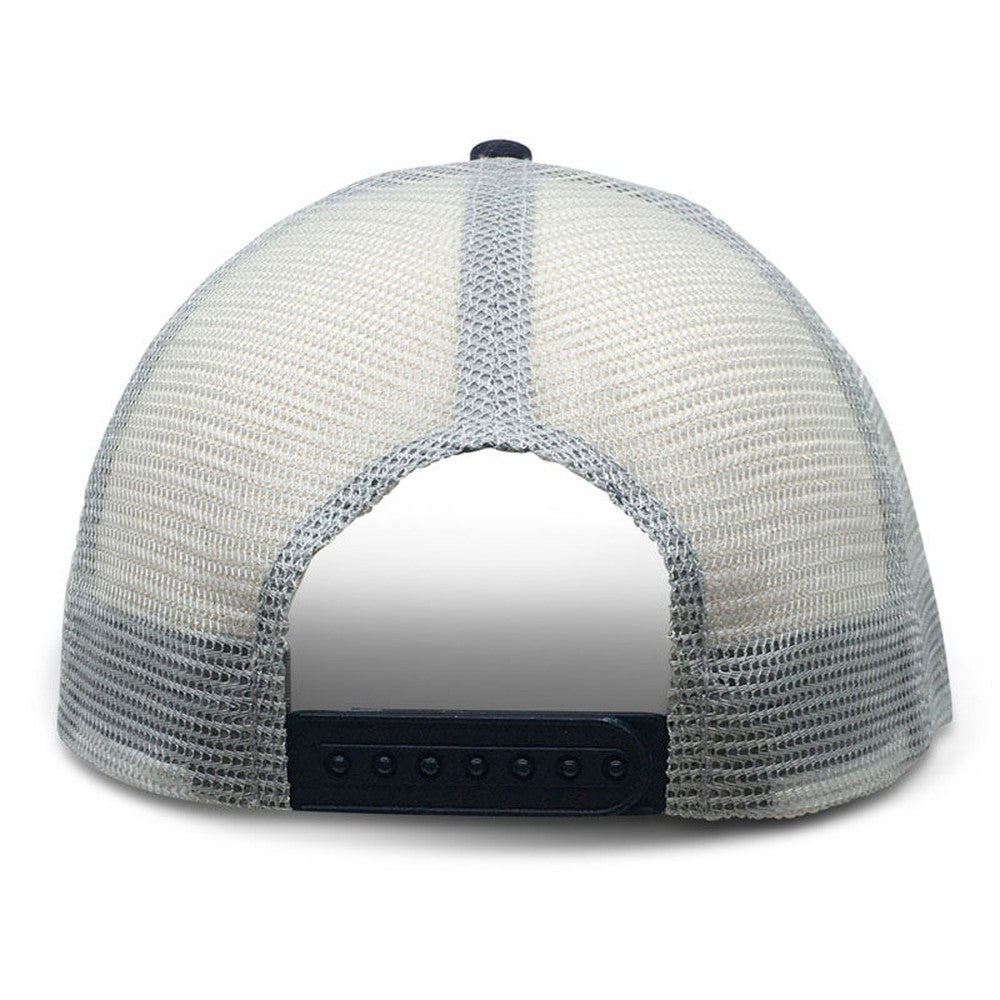 rear view of a navy blue structured trucker-style baseball cap for big heads with light grey mesh back and blue plastic tab strap in size 3XL 4XL