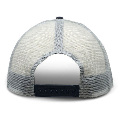 rear view of a navy blue structured trucker-style baseball cap for big heads with light grey mesh back and blue plastic tab strap in size 3XL 4XL
