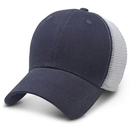 front view of a navy blue with grey mesh structured trucker-style baseball cap for big heads in size 3XL 4XL