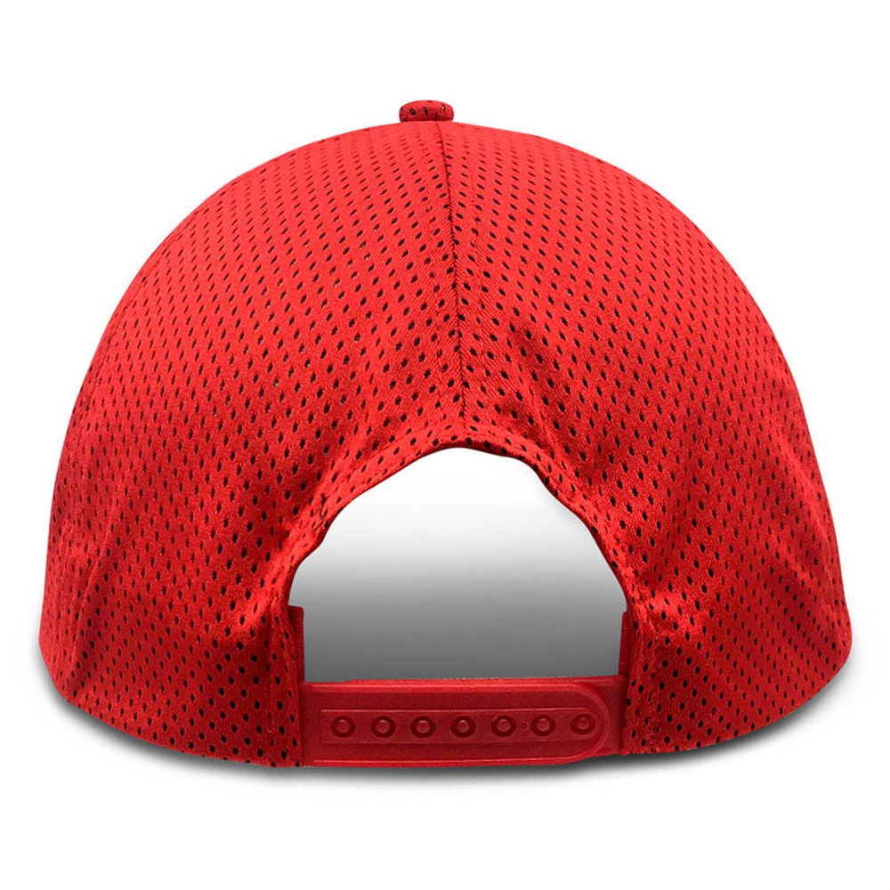 rear view Red Coolnit mesh baseball cap in size 3XL-4XL for big heads. Plastic tab strap for adjustable size and comforatable fit.